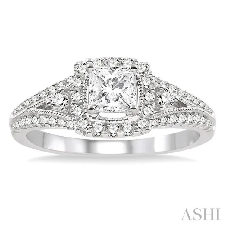 3/4 Ctw Diamond Engagement Ring with 1/4 Ct Princess Cut Center Stone in 14K White Gold