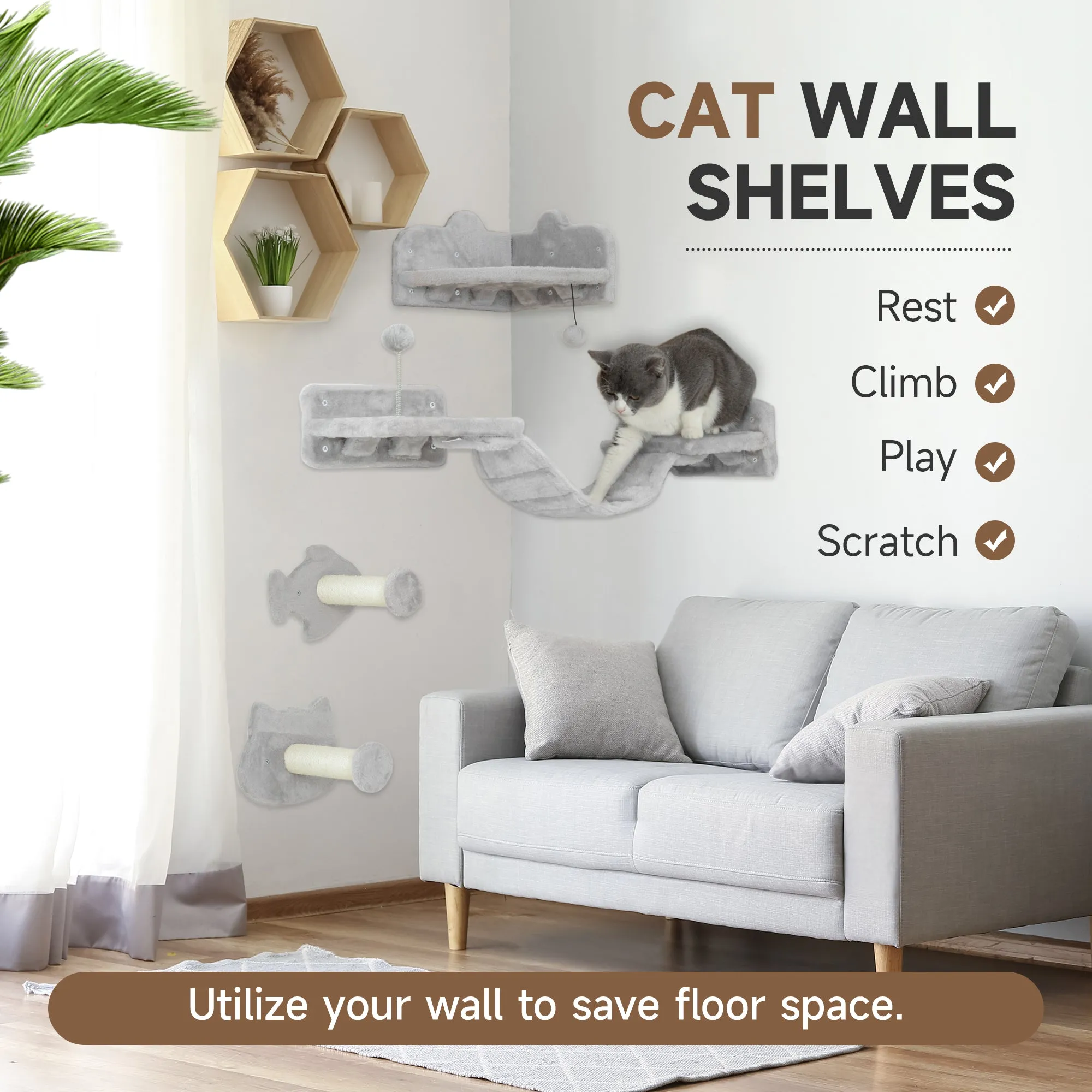 4PCs Cat Wall Shelves with Steps, Ladder, Jumping Platforms