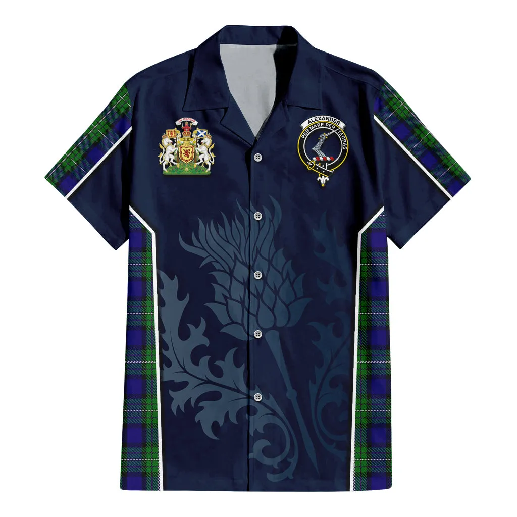 Alexander Tartan Short Sleeve Button Up Shirt with Family Crest and Scottish Thistle Vibes Sport Style