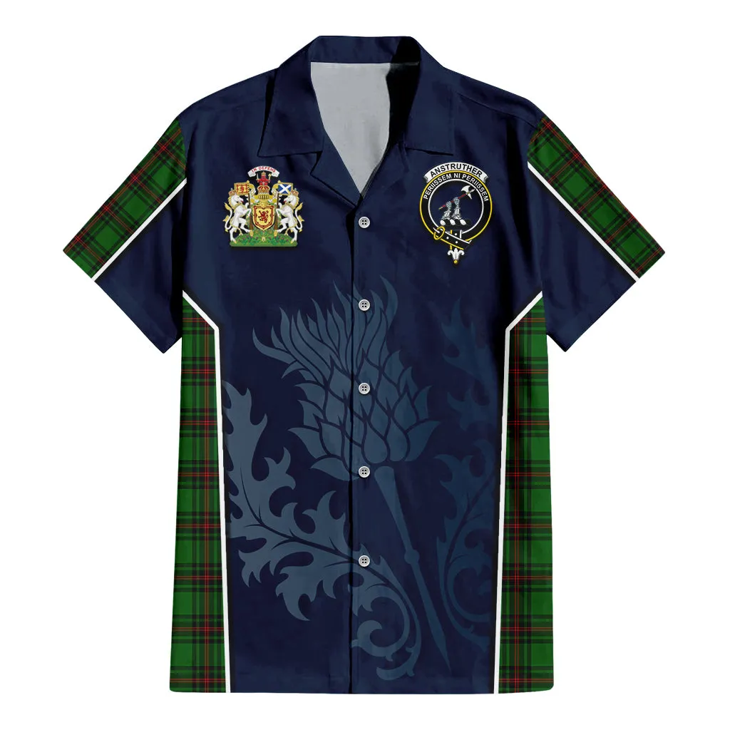 Anstruther Tartan Short Sleeve Button Up Shirt with Family Crest and Scottish Thistle Vibes Sport Style