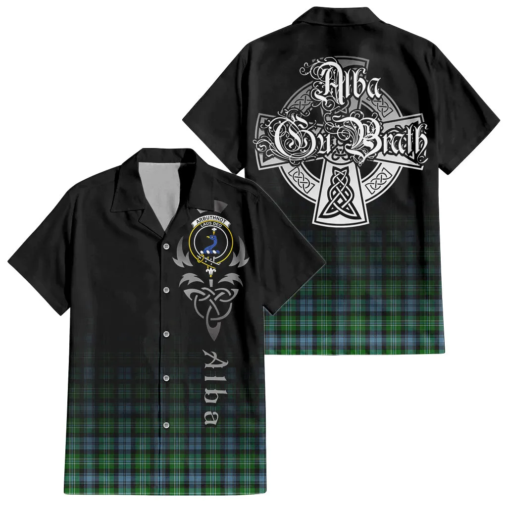 Arbuthnot Ancient Tartan Short Sleeve Button Up Shirt Featuring Alba Gu Brath Family Crest Celtic Inspired