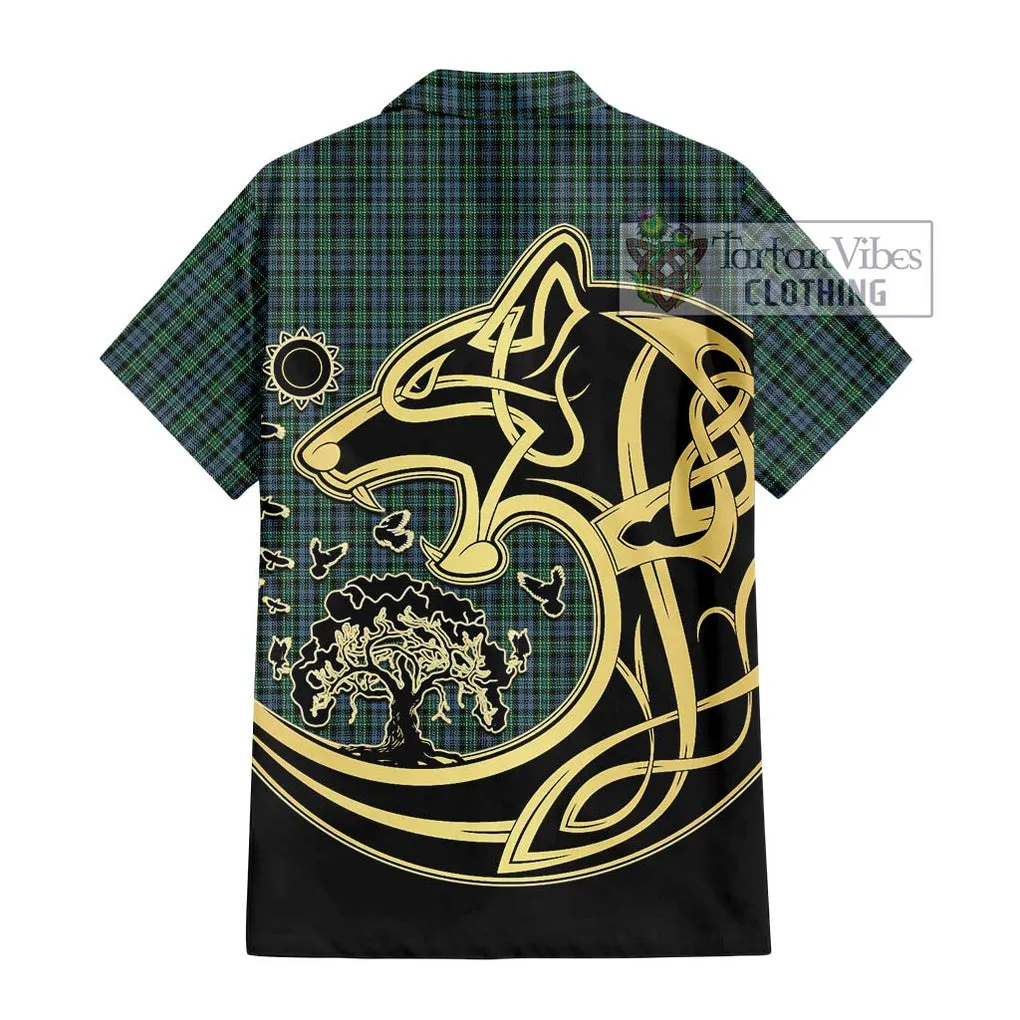 Arbuthnot Tartan Short Sleeve Button Shirt with Family Crest Celtic Wolf Style