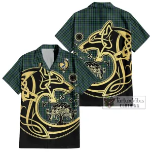 Arbuthnot Tartan Short Sleeve Button Shirt with Family Crest Celtic Wolf Style