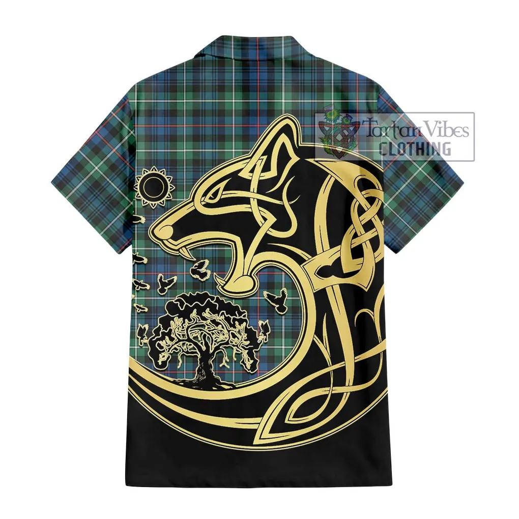 Baillie Ancient Tartan Short Sleeve Button Shirt with Family Crest Celtic Wolf Style