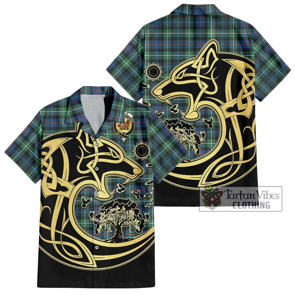 Baillie Ancient Tartan Short Sleeve Button Shirt with Family Crest Celtic Wolf Style