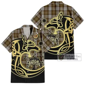 Baillie Dress Tartan Short Sleeve Button Shirt with Family Crest Celtic Wolf Style