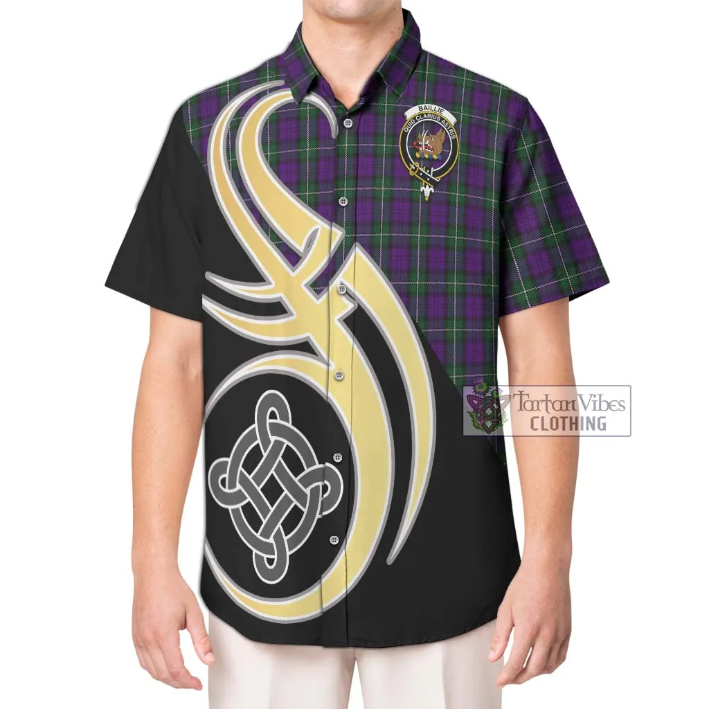 Baillie Highland Society Tartan Short Sleeve Button Shirt with Family Crest and Celtic Symbol Style