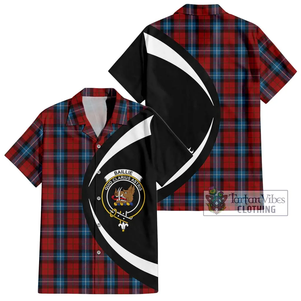 Baillie of Polkemmet Red Tartan Short Sleeve Button Up with Family Crest Circle Style