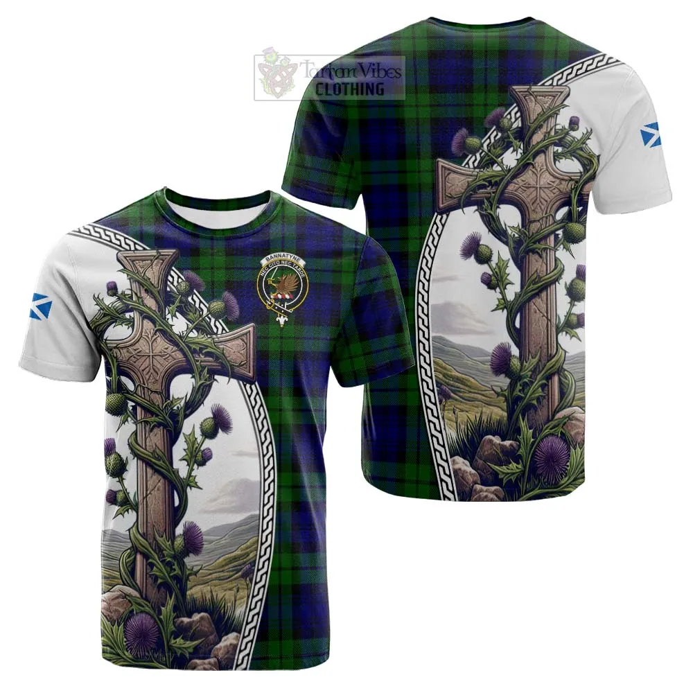 Bannatyne Tartan Cotton T-shirt with Family Crest and St. Andrew's Cross Accented by Thistle Vines