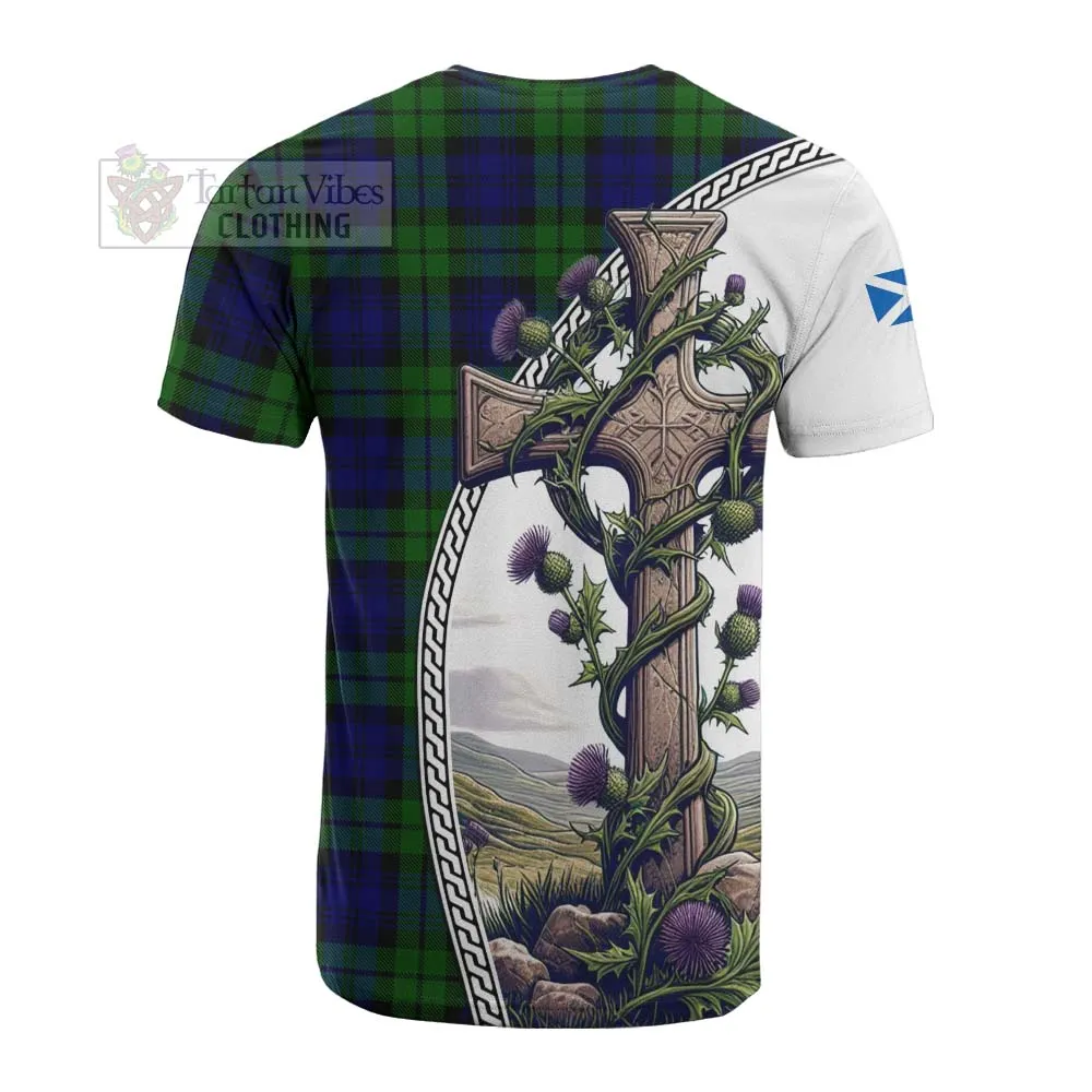 Bannatyne Tartan Cotton T-shirt with Family Crest and St. Andrew's Cross Accented by Thistle Vines