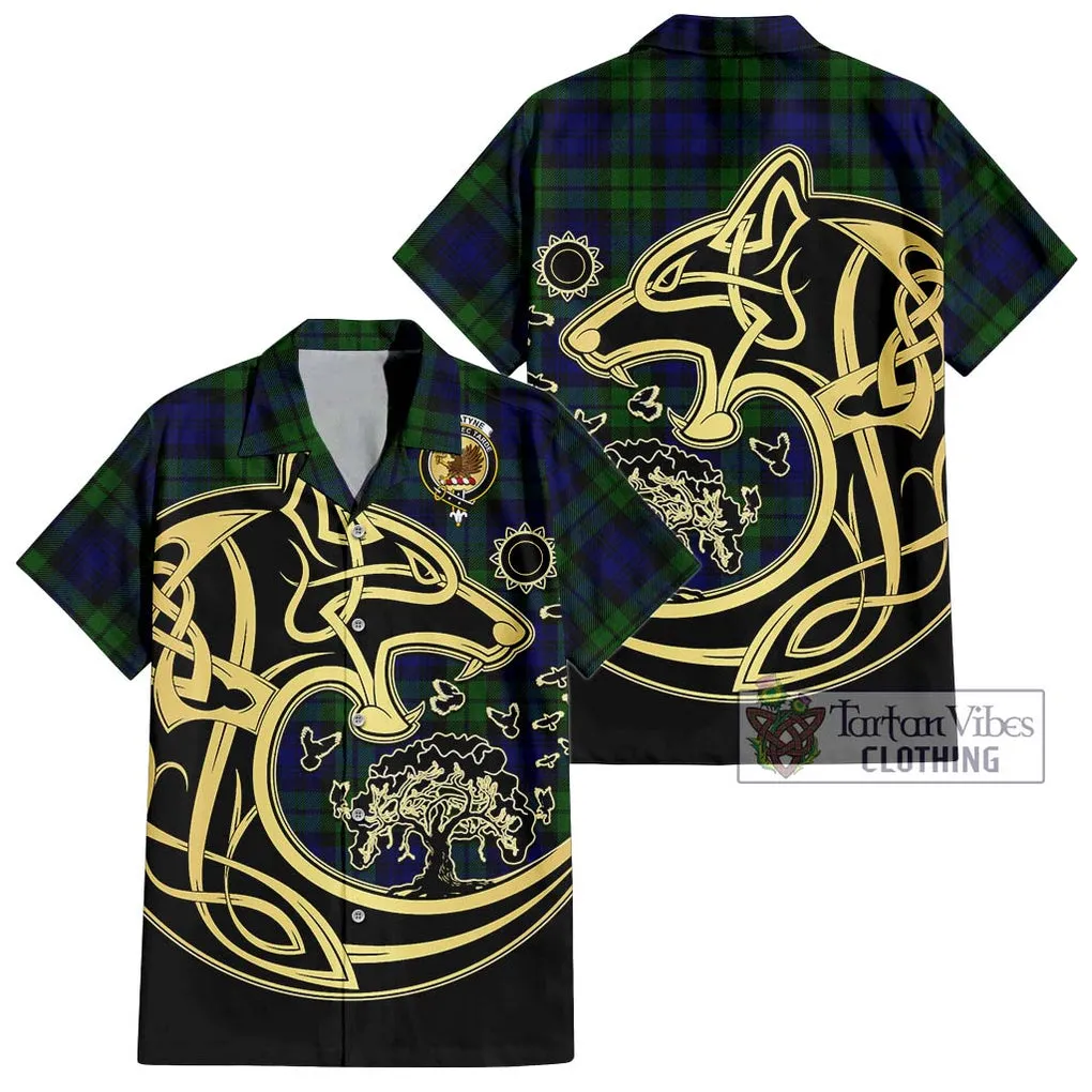 Bannatyne Tartan Short Sleeve Button Shirt with Family Crest Celtic Wolf Style