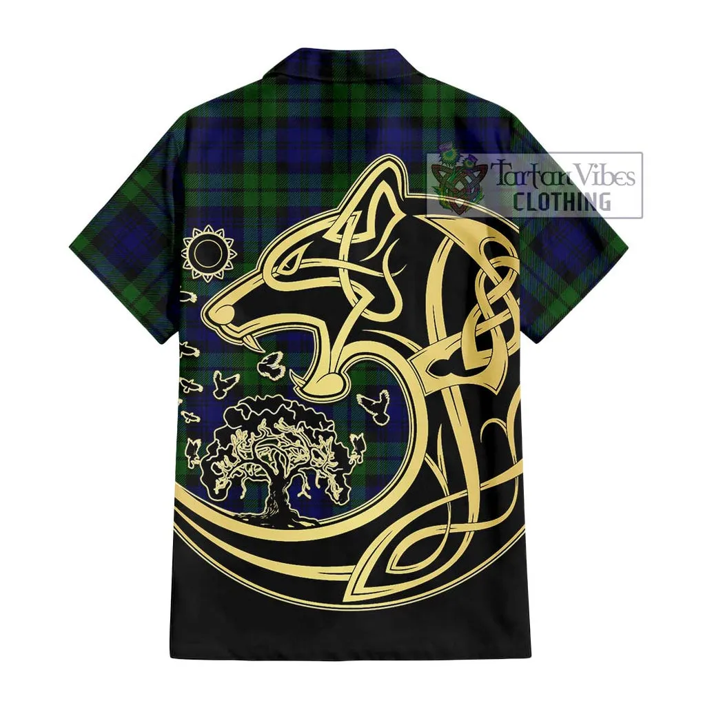 Bannatyne Tartan Short Sleeve Button Shirt with Family Crest Celtic Wolf Style