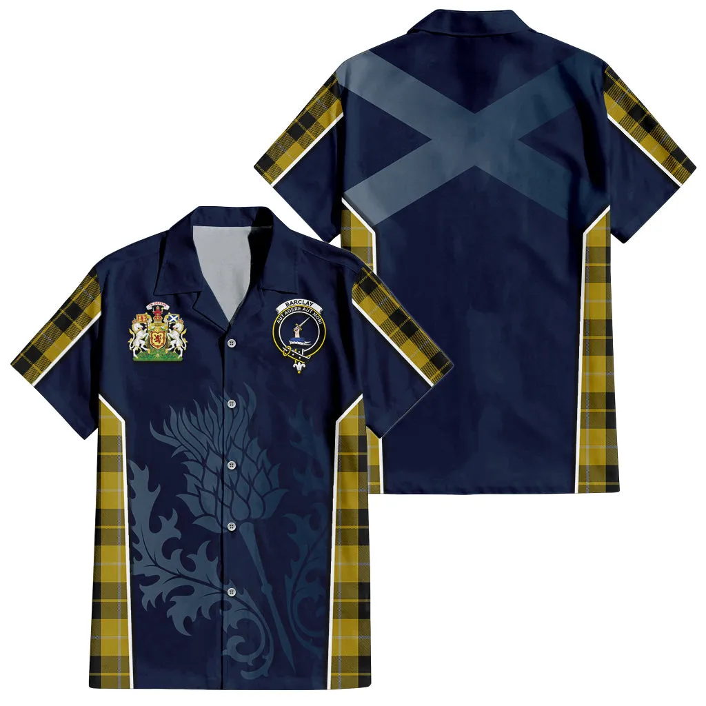 Barclay Dress Tartan Short Sleeve Button Up Shirt with Family Crest and Scottish Thistle Vibes Sport Style