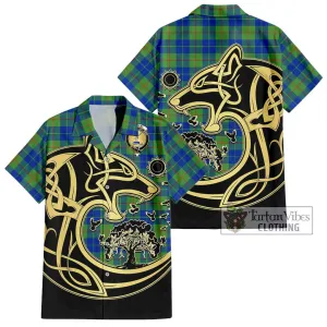 Barclay Hunting Ancient Tartan Short Sleeve Button Shirt with Family Crest Celtic Wolf Style