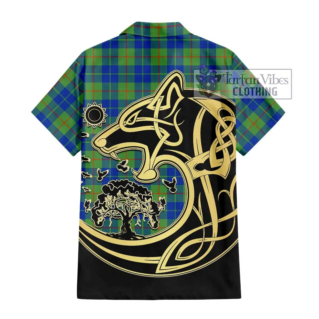 Barclay Hunting Ancient Tartan Short Sleeve Button Shirt with Family Crest Celtic Wolf Style