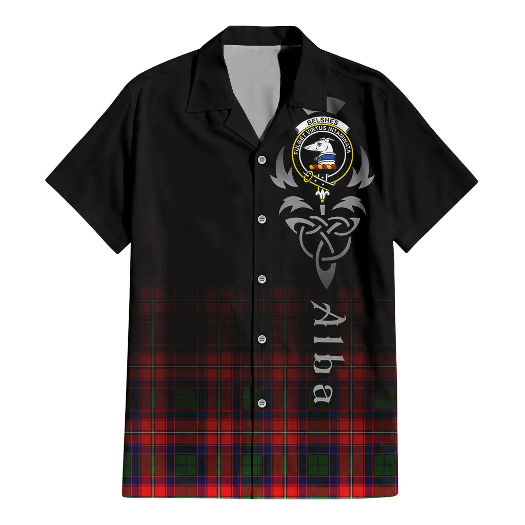 Belshes Tartan Short Sleeve Button Up Shirt Featuring Alba Gu Brath Family Crest Celtic Inspired