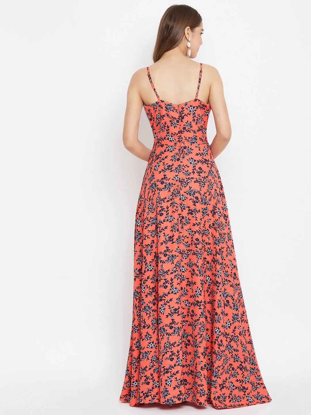 Berrylush Women Orange Floral Printed V-Neck Thigh-High Slit Maxi Dress