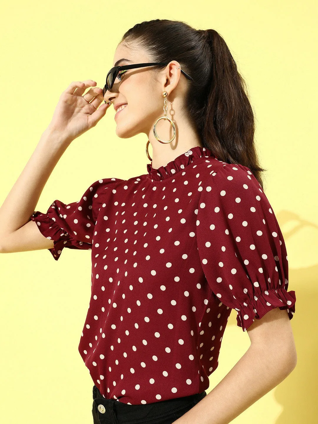 Berrylush Women Red Polka Dot Printed Crepe Regular Top