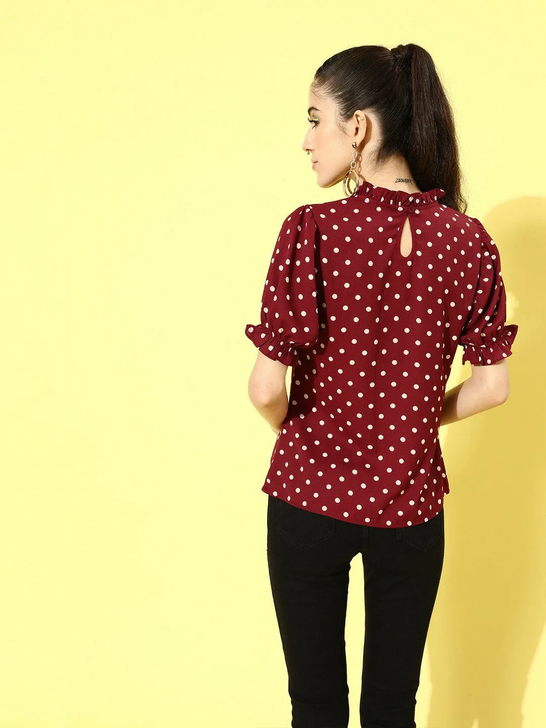 Berrylush Women Red Polka Dot Printed Crepe Regular Top