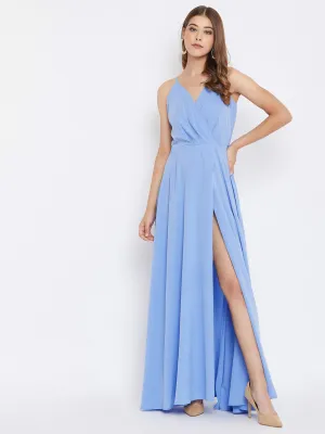 Berrylush Women Solid Blue V-Neck Thigh-Slit Flared Maxi Dress