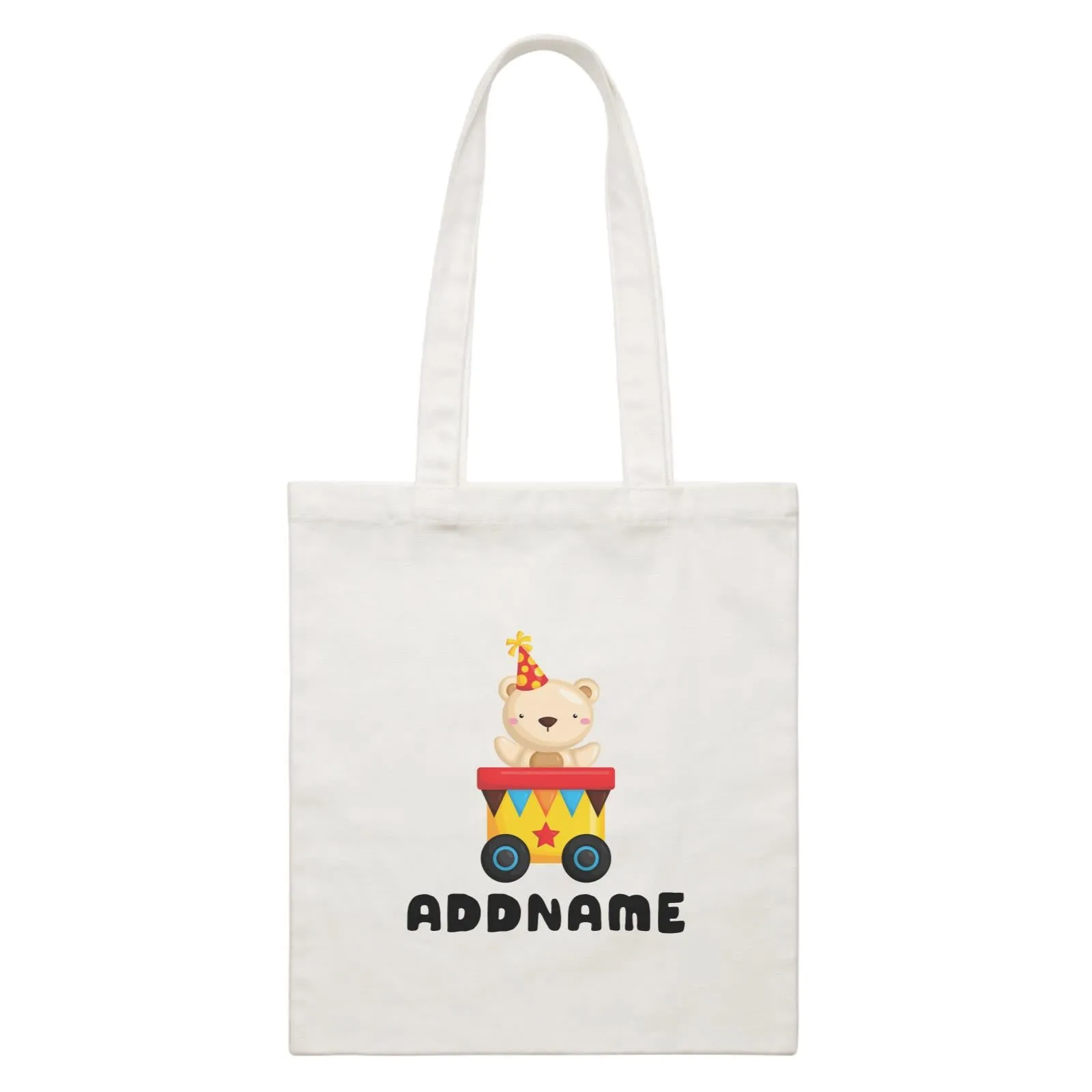 Birthday Fun Train Bear Wearing Party Hat Addname White Canvas Bag