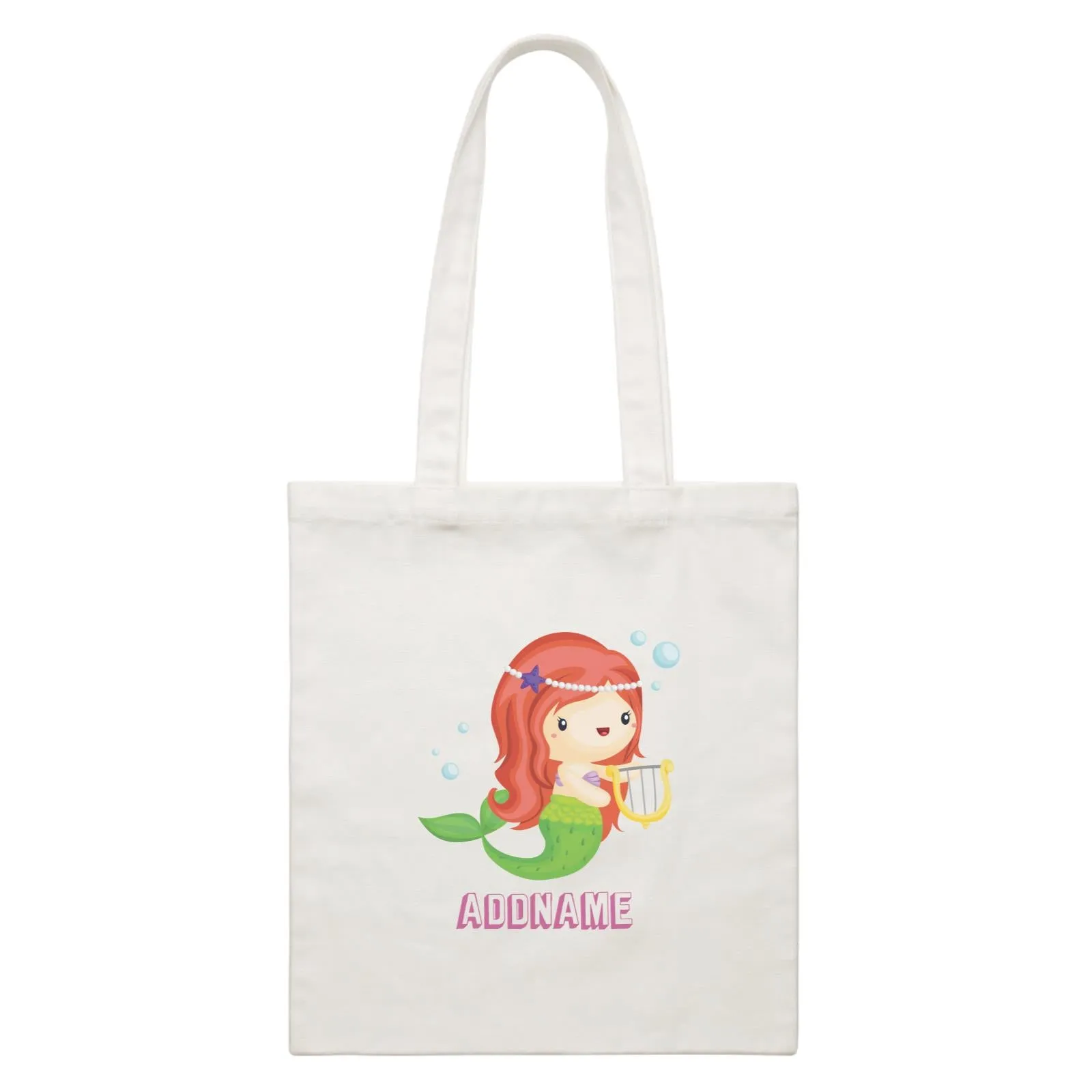 Birthday Mermaid Red Long Hair Mermaid Playing Harp Addname White Canvas Bag