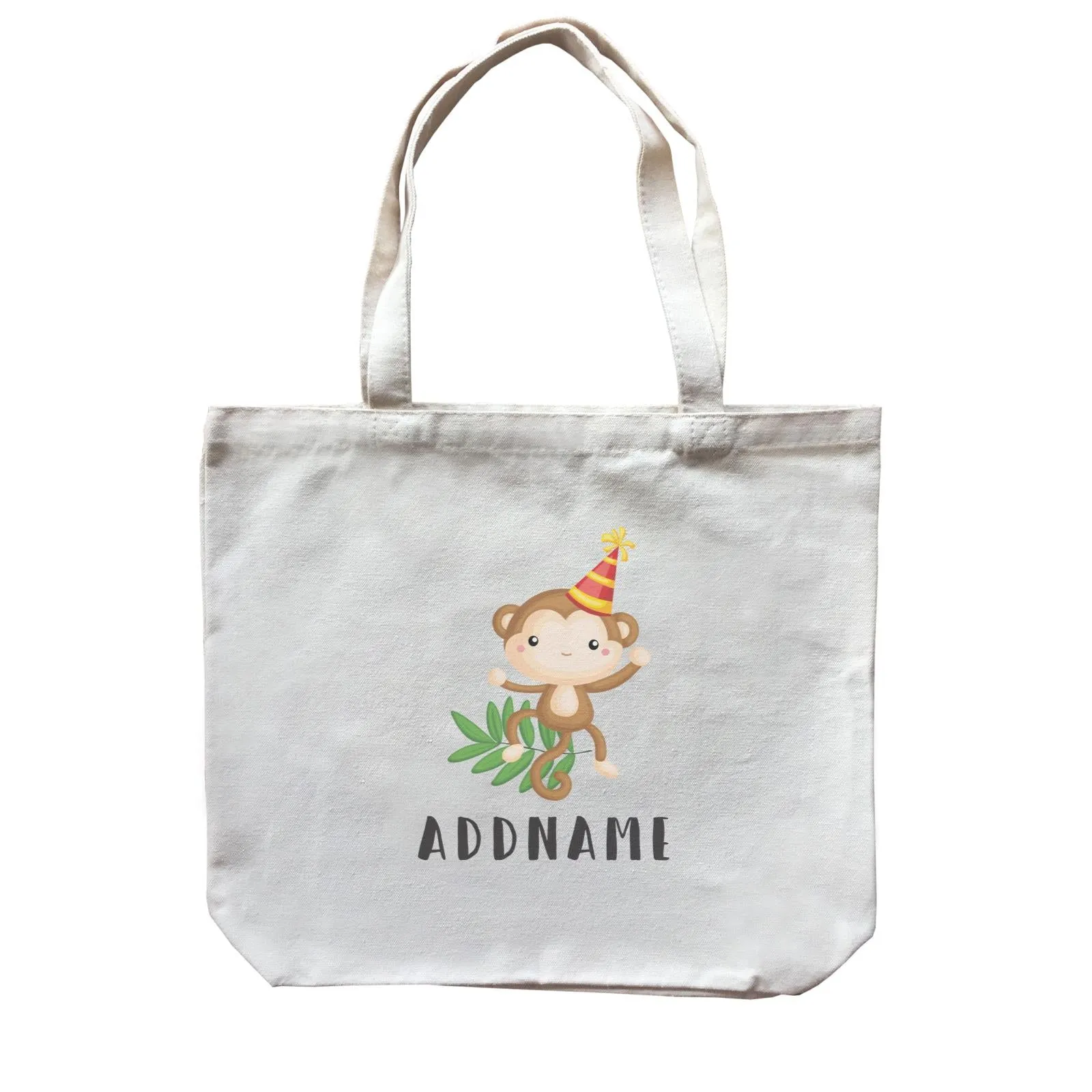 Birthday Safari Monkey Wearing Party Hat Addname Canvas Bag