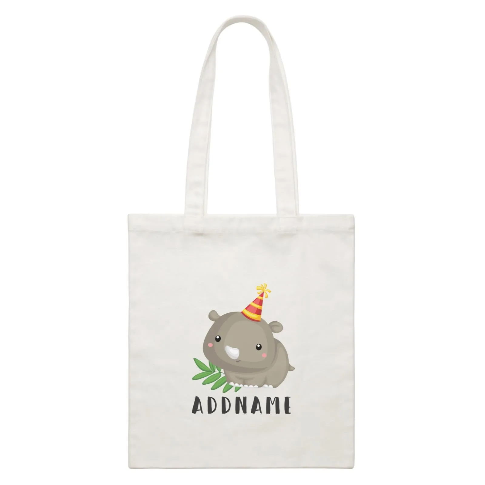 Birthday Safari Rhino Wearing Party Hat Addname White Canvas Bag