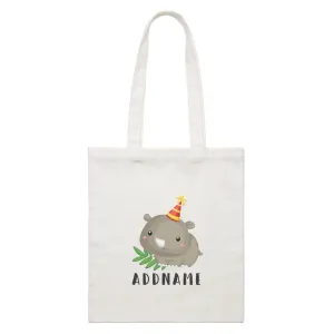 Birthday Safari Rhino Wearing Party Hat Addname White Canvas Bag