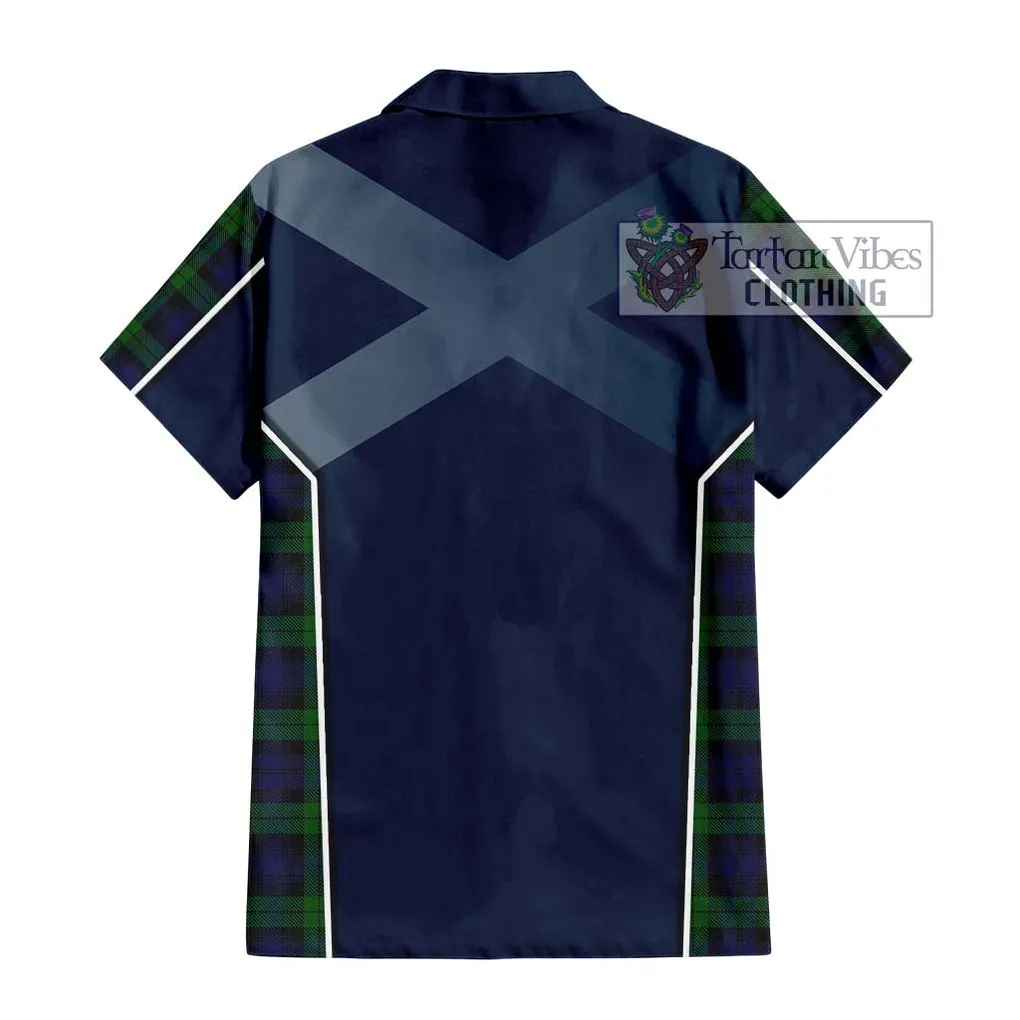 Black Watch Tartan Short Sleeve Button Shirt with Family Crest and Lion Rampant Vibes Sport Style