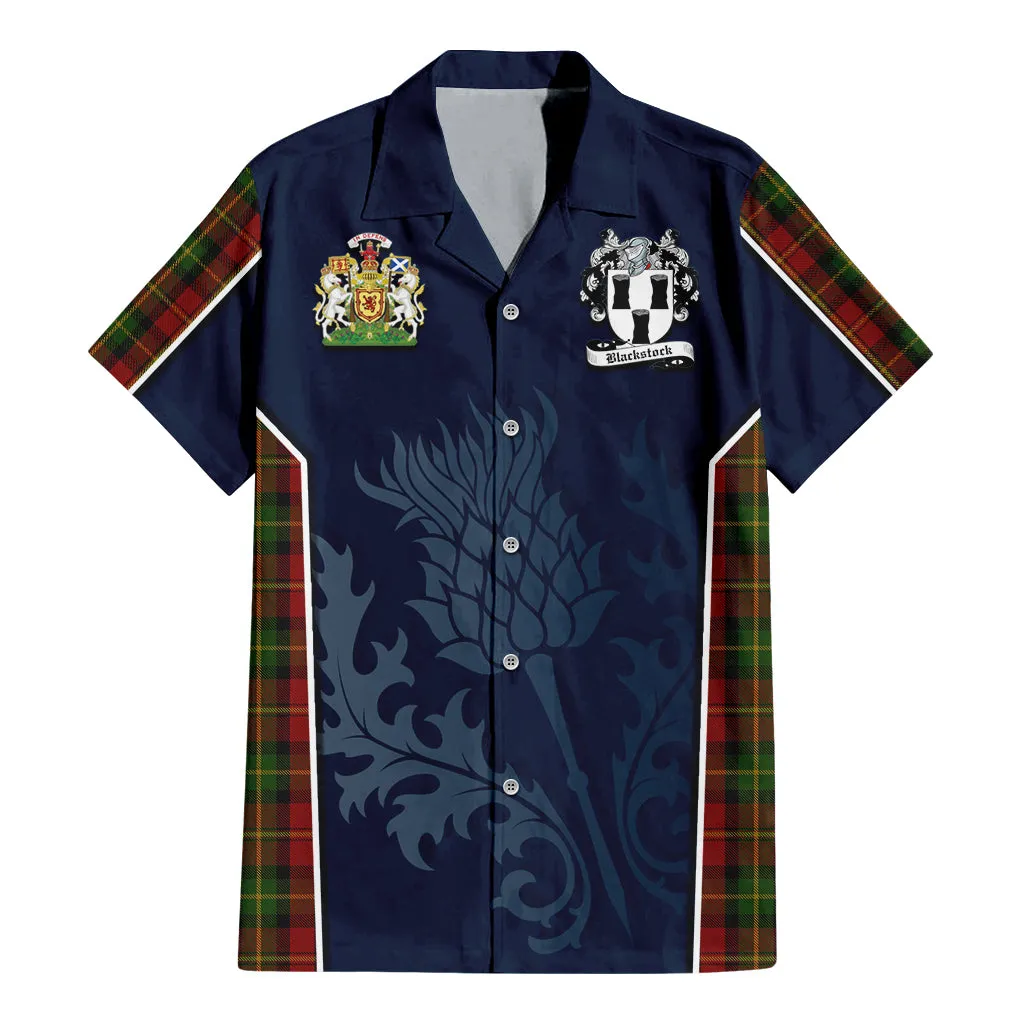 Blackstock Red Dress Tartan Short Sleeve Button Up Shirt with Family Crest and Scottish Thistle Vibes Sport Style