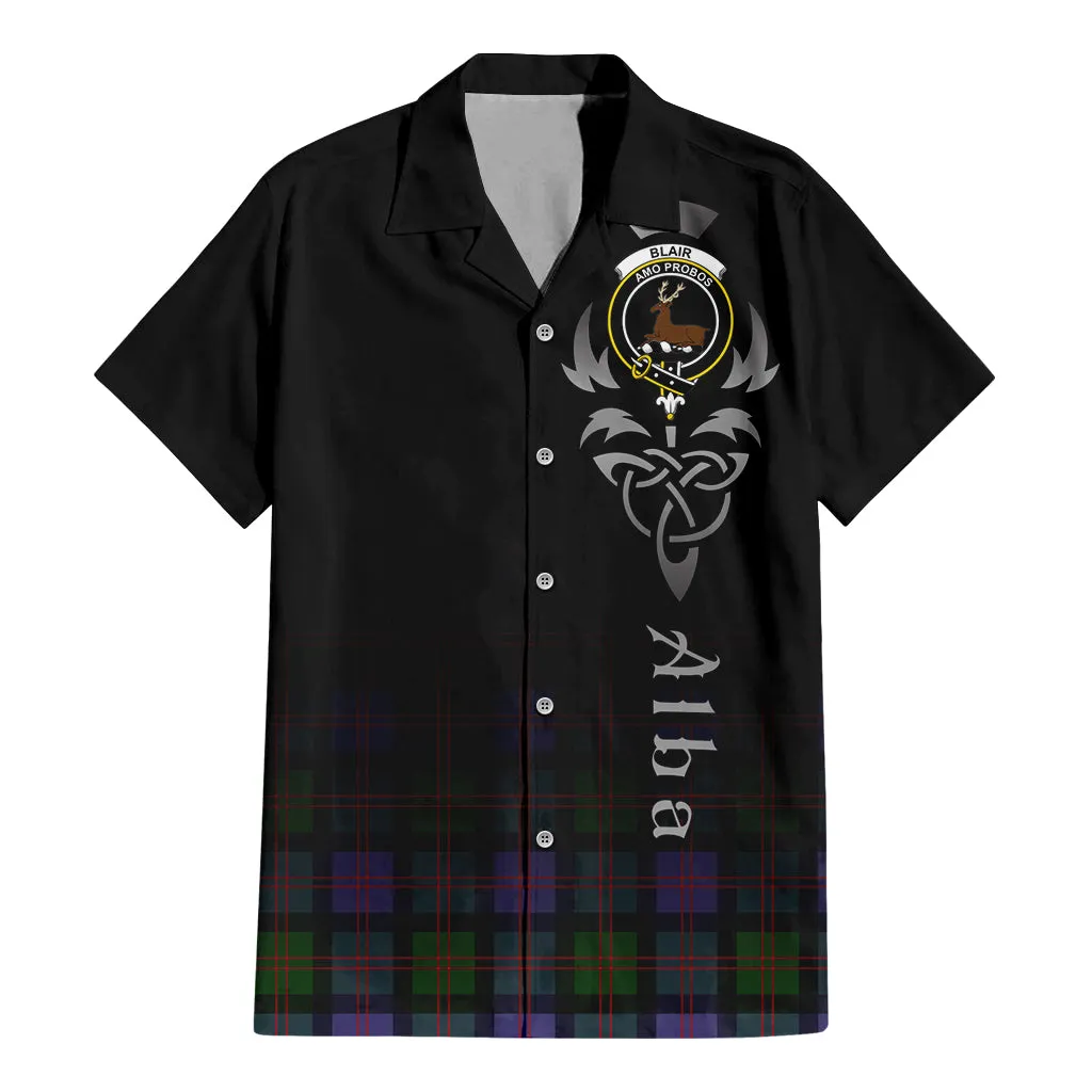 Blair Modern Tartan Short Sleeve Button Up Shirt Featuring Alba Gu Brath Family Crest Celtic Inspired