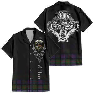 Blair Modern Tartan Short Sleeve Button Up Shirt Featuring Alba Gu Brath Family Crest Celtic Inspired