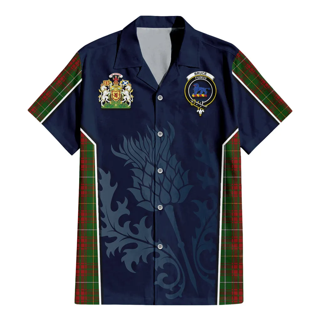 Bruce Hunting Tartan Short Sleeve Button Up Shirt with Family Crest and Scottish Thistle Vibes Sport Style