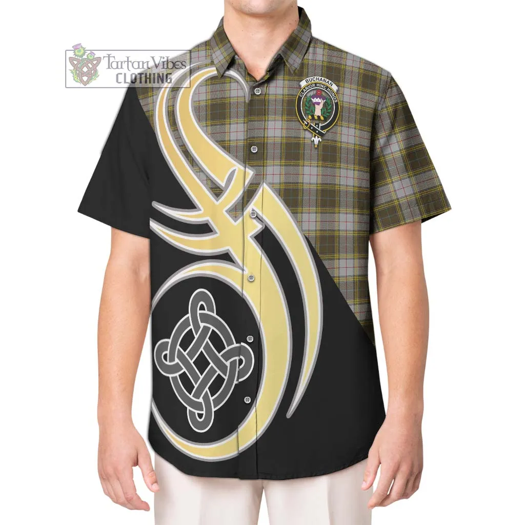 Buchanan Dress Tartan Short Sleeve Button Shirt with Family Crest and Celtic Symbol Style