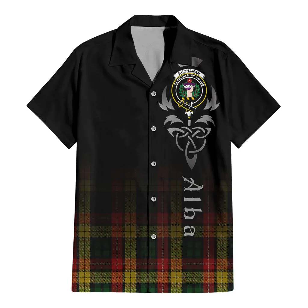 Buchanan Tartan Short Sleeve Button Up Shirt Featuring Alba Gu Brath Family Crest Celtic Inspired