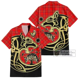 Burnett Modern Tartan Short Sleeve Button Shirt with Family Crest Celtic Wolf Style