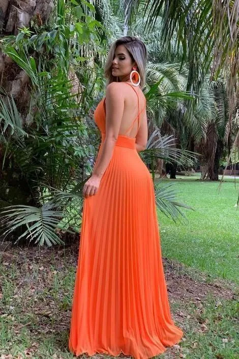 Floor Length Orange Chiffon Prom Dresses Pleated Skirt,Sexy Backless Formal Dress