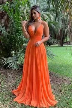 Floor Length Orange Chiffon Prom Dresses Pleated Skirt,Sexy Backless Formal Dress