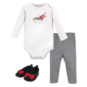 Hudson Baby Cotton Bodysuit, Pant and Shoe Set, Bonjour Dog