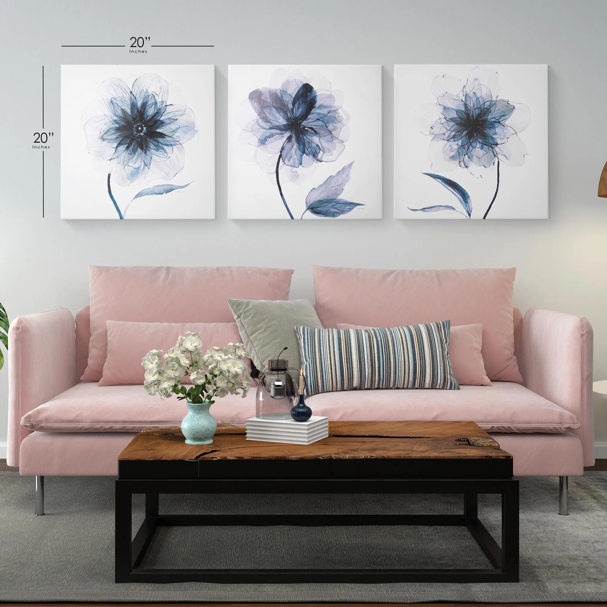 Indigo Bloom Canvas Wall Art Print Set of 3 - 16" x 16"