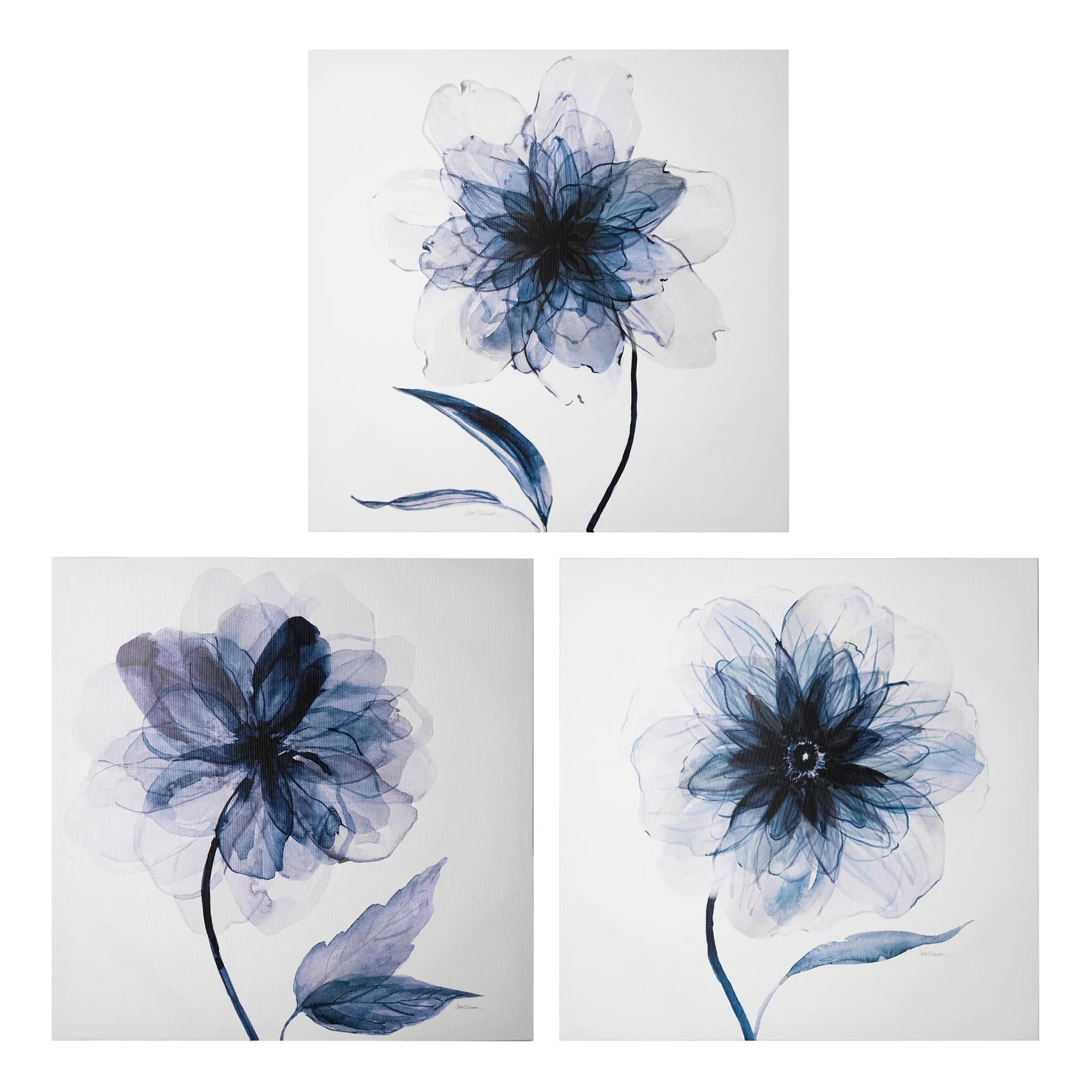 Indigo Bloom Canvas Wall Art Print Set of 3 - 16" x 16"