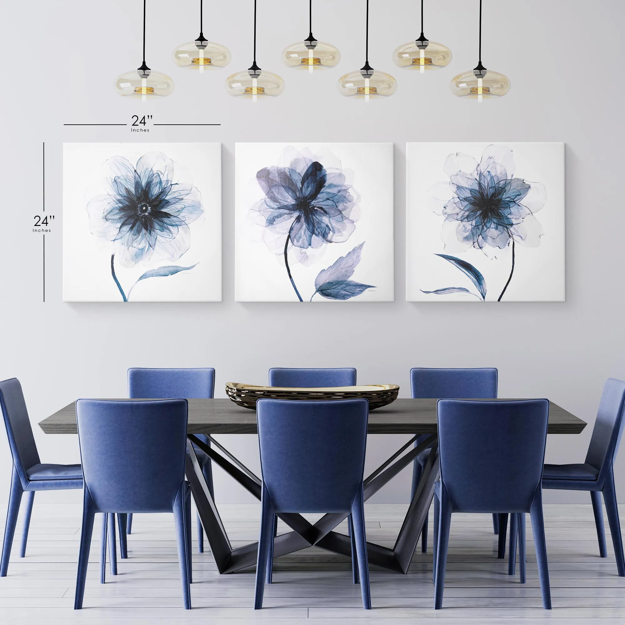 Indigo Bloom Canvas Wall Art Print Set of 3 - 16" x 16"