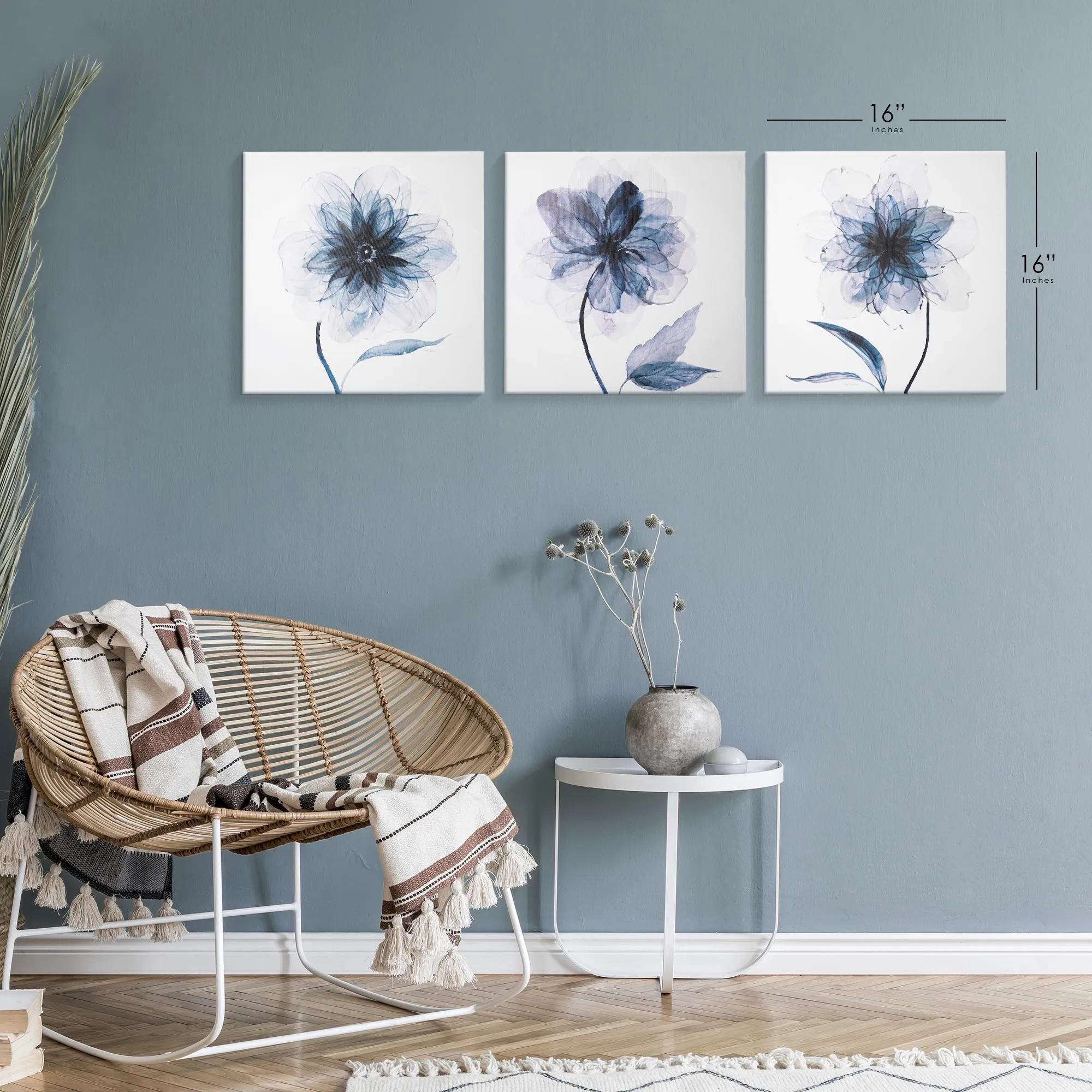 Indigo Bloom Canvas Wall Art Print Set of 3 - 24" x 24"