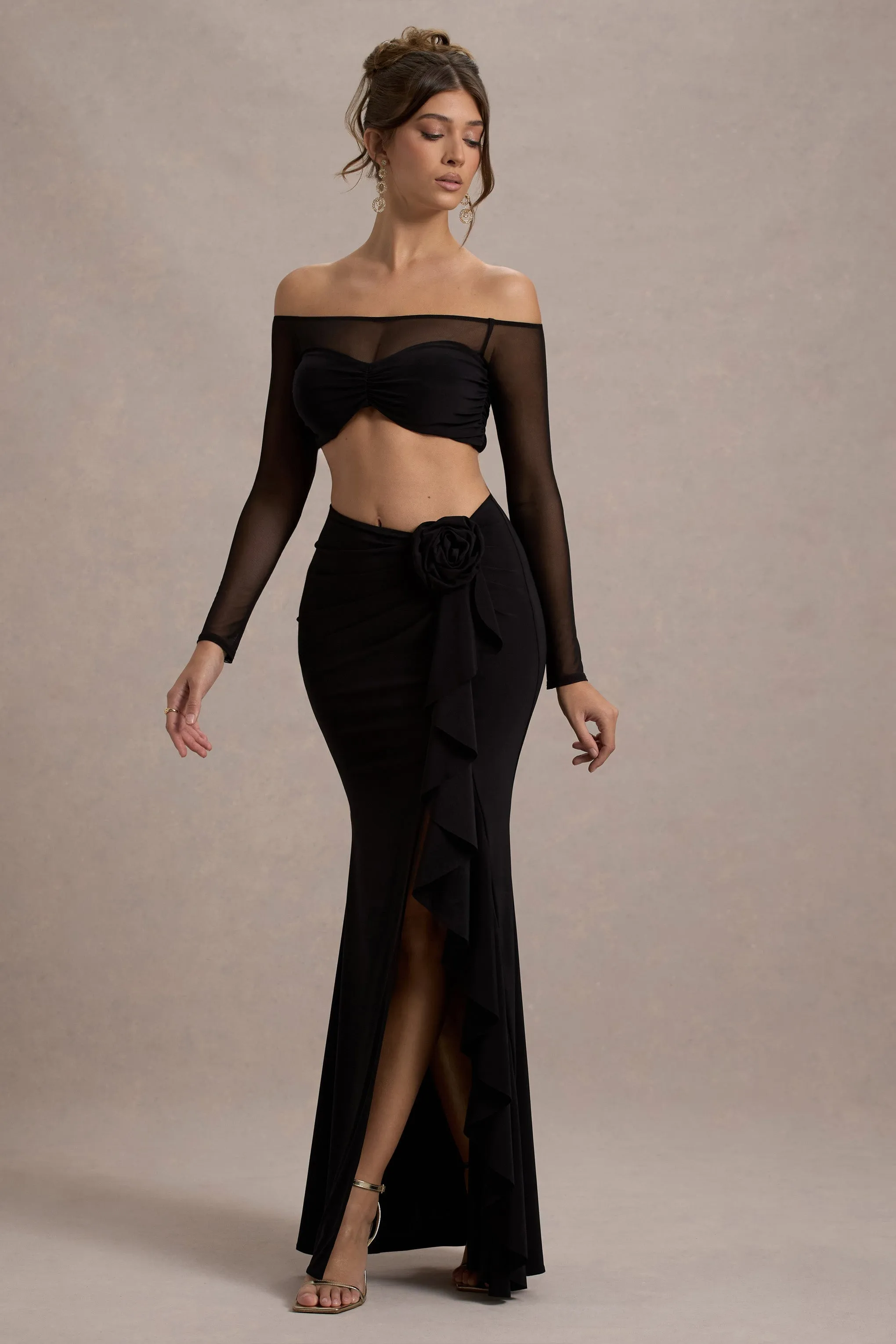 Kavi | Black Ruched Split Maxi Skirt