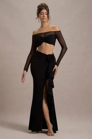 Kavi | Black Ruched Split Maxi Skirt