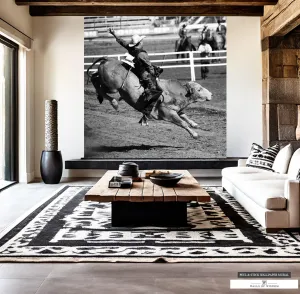 Mid-Air Bull Rider Rodeo Mural - Black & White Western Decor Wallpaper, Peel & Stick