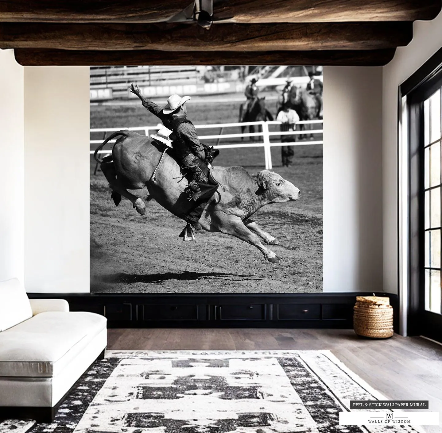 Mid-Air Bull Rider Rodeo Mural - Black & White Western Decor Wallpaper, Peel & Stick