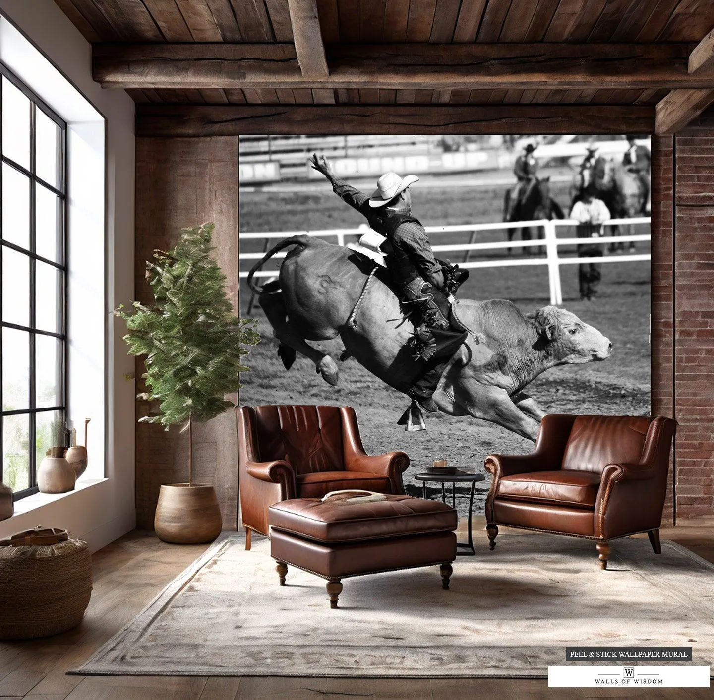 Mid-Air Bull Rider Rodeo Mural - Black & White Western Decor Wallpaper, Peel & Stick