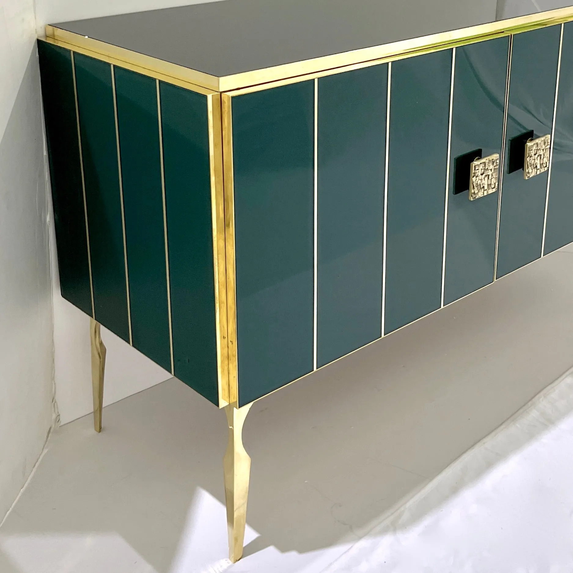 Modern Italian Custom Art Deco Style Hunter Green Black Glass Brass Cabinet /Bar